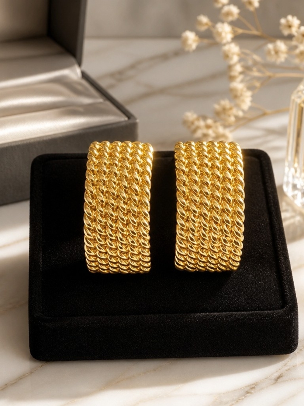 Monet Gold vintage Tone Braided Hoop Stud Earrings Signed Vintage Design - Picture 2 of 3